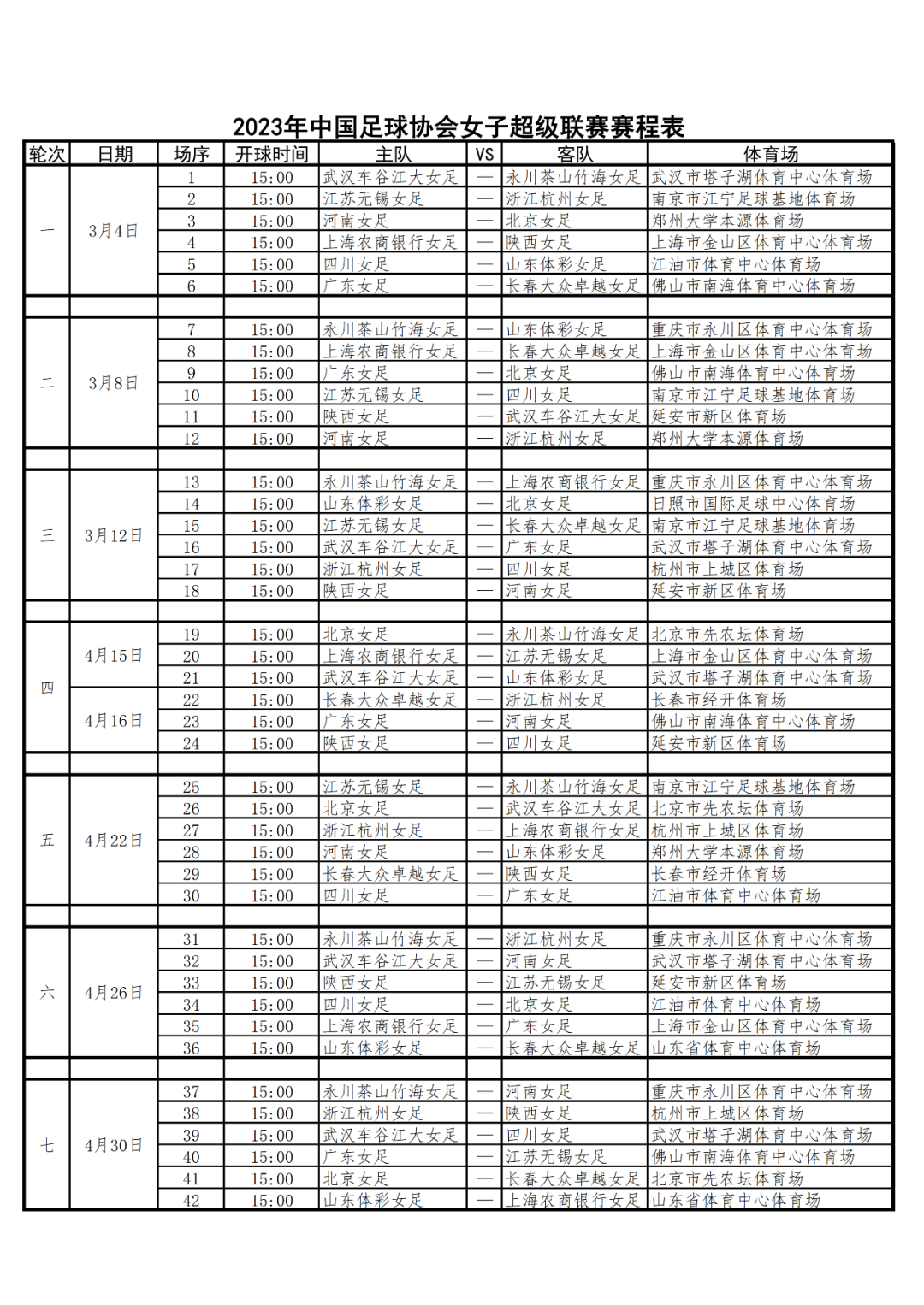 【女超】2023年中国足协女子超级联赛赛程表