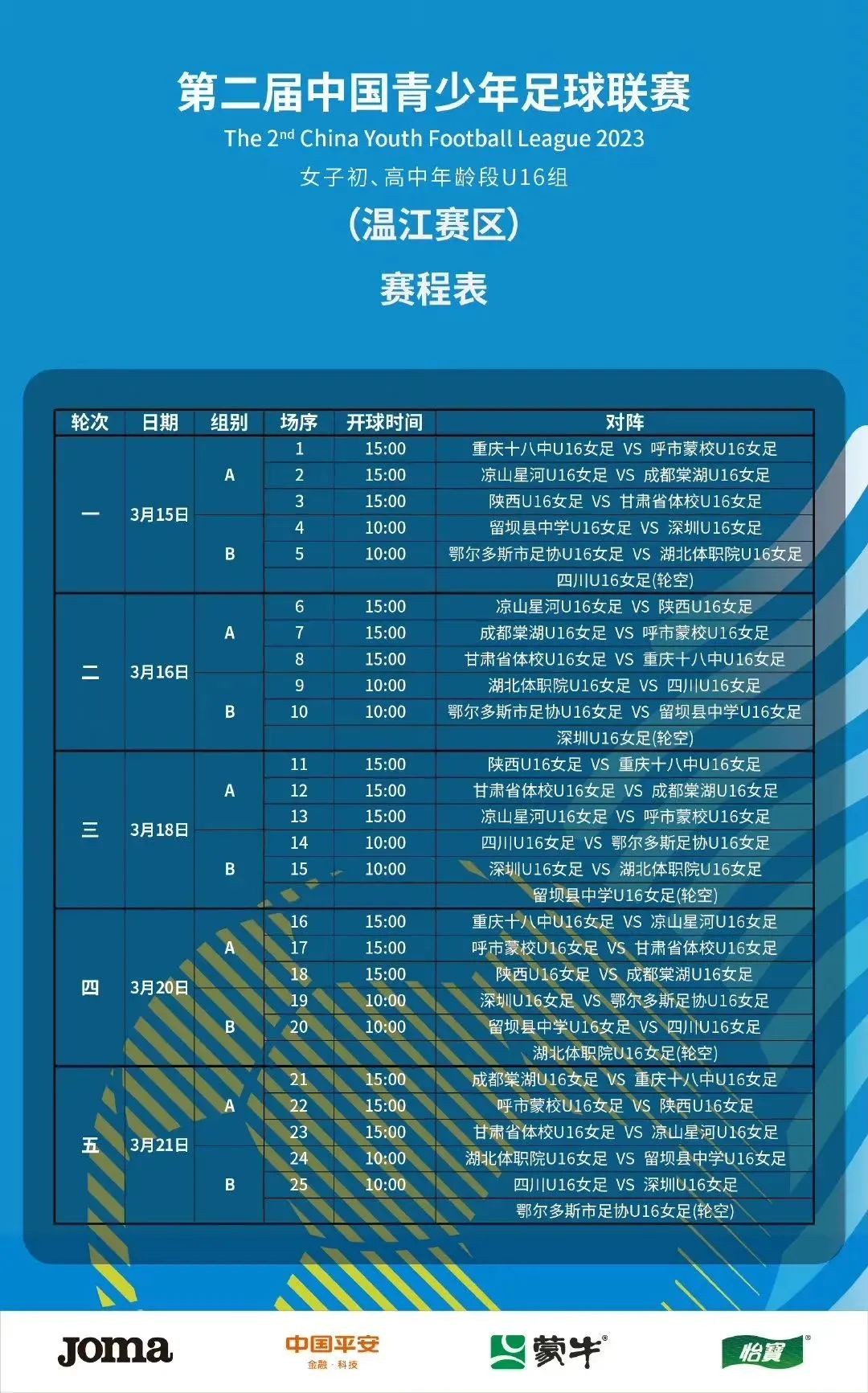 【U16】2023中青赛女子U16组第一阶段赛程